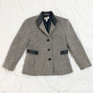Talbots 100% Wool Black & White Tweed Women's Blazer with Leather detailing